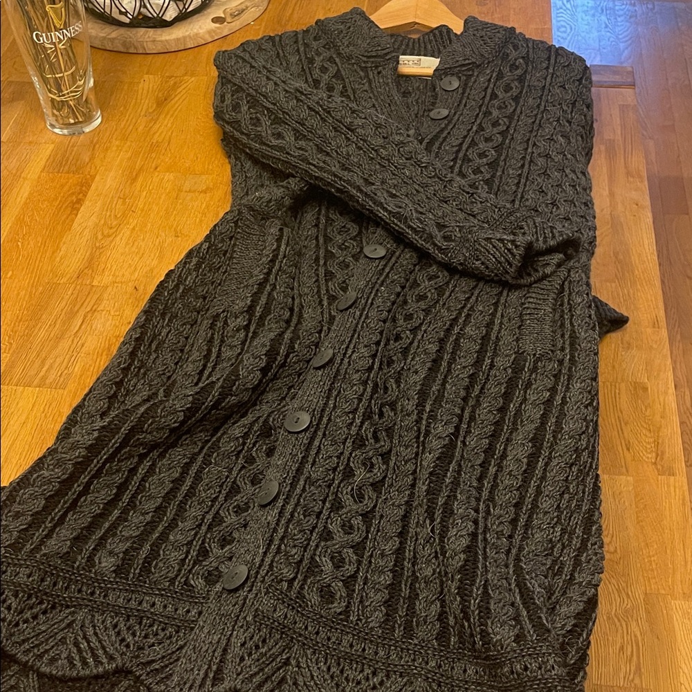 Black Aran Cable Knit Long Wool Coat